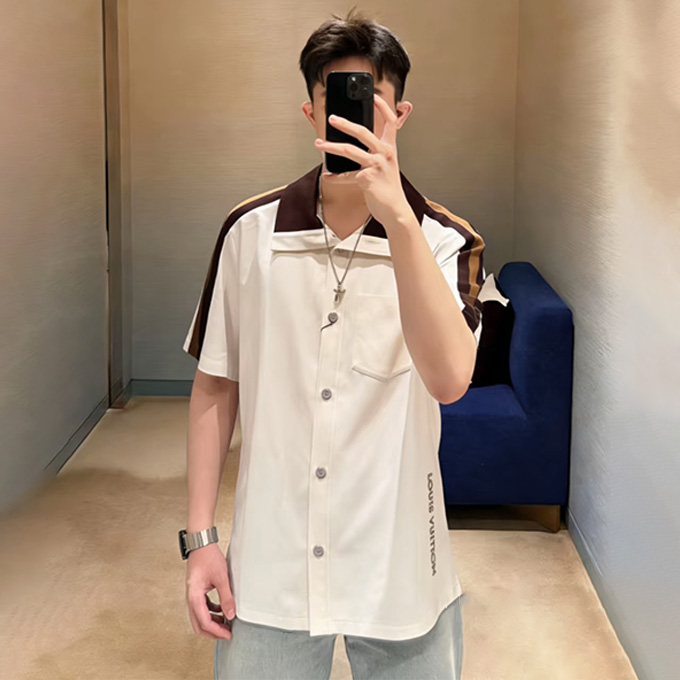 lv louis vuitton striped panel short-sleeve shirt